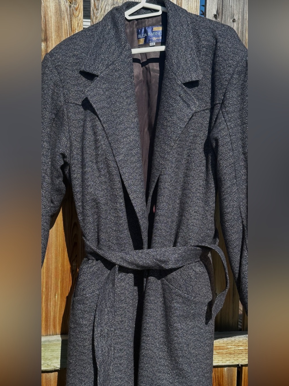 Vtg 80s Bluda Inverno Blue/Grey Tweed Wool Blend Long slouchy Overcoat Canada 44